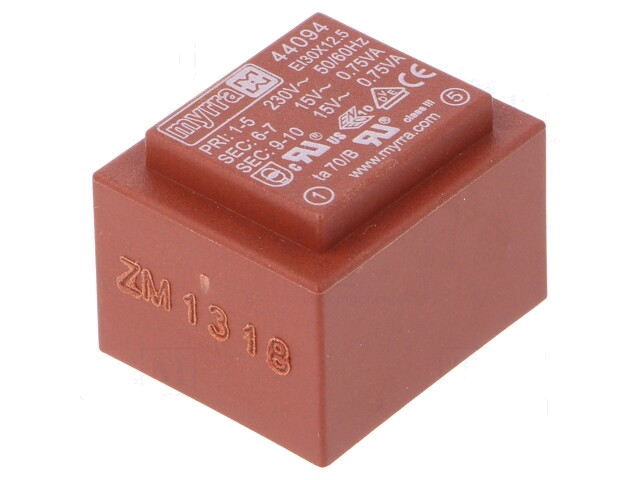 Transformator: ingegoten; 1,5VA; 230VAC; 15V; 15V; 50mA; 50mA; PCB Transformator: ingegoten; 1,5VA; 230VAC; 15V; 15V; 50mA; 50mA; PCB